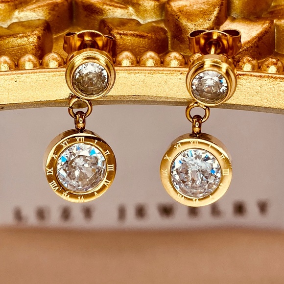 Luzy Jewelry Jewelry - 18K Gold Titanium Steel CZ Roman Numerals Dangle Earrings